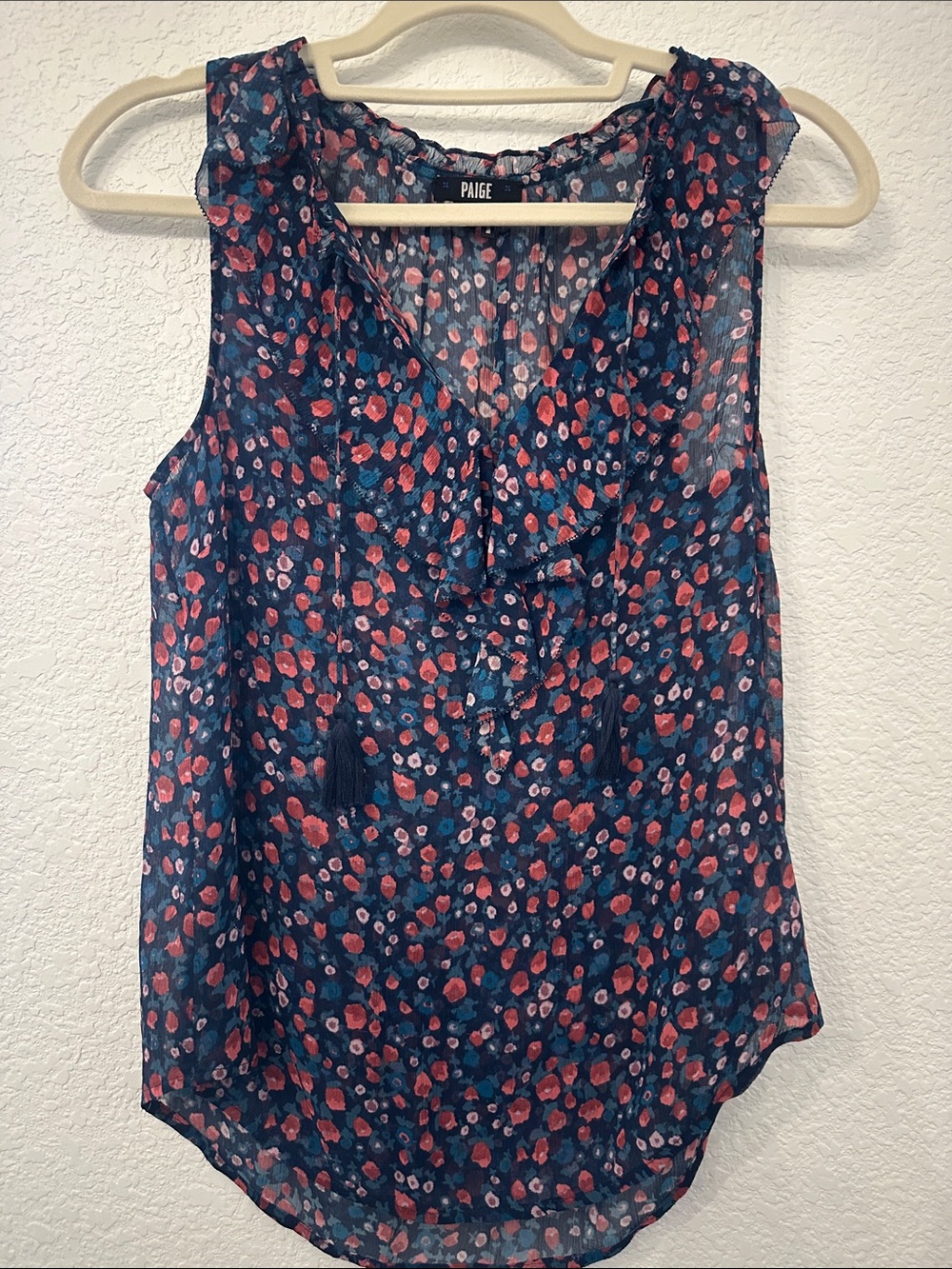 PAIGE Navy Floral Ruffle V-Neck Sleeveless Camisole Top